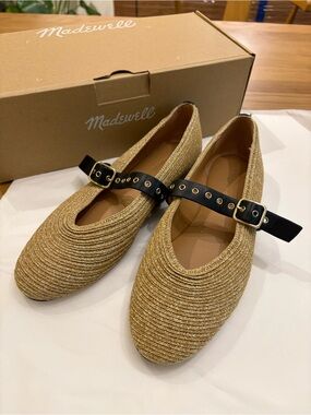 Madewell Gold Raffia Mary Janes with Black Strap